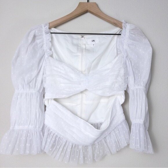 NEW LPA Dolores Top S Ivory Sheer Dot Puff Sleeve Cutout Pleated Peplum Tulle - Picture 5 of 13